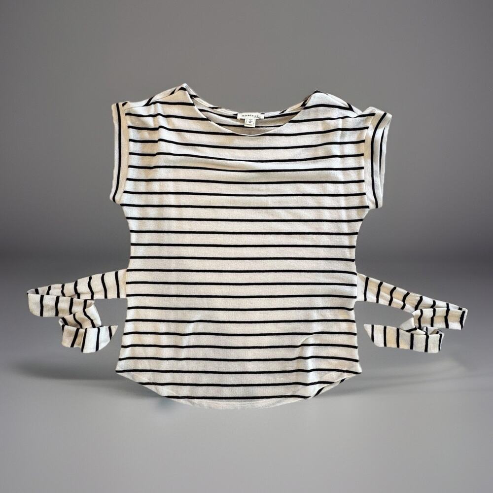 Monteau Women's Striped Short Sleeve Blouse with Tie Waist Size M Navy/Cream EUC
